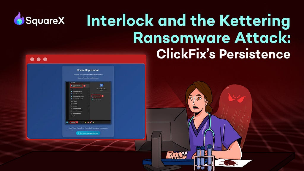 Healthcare worker in purple scrubs with a stethoscope is looking at a computer, with a red ghost-like figure behind her. Browser screen is super-imposed and shows that she is being attacked.